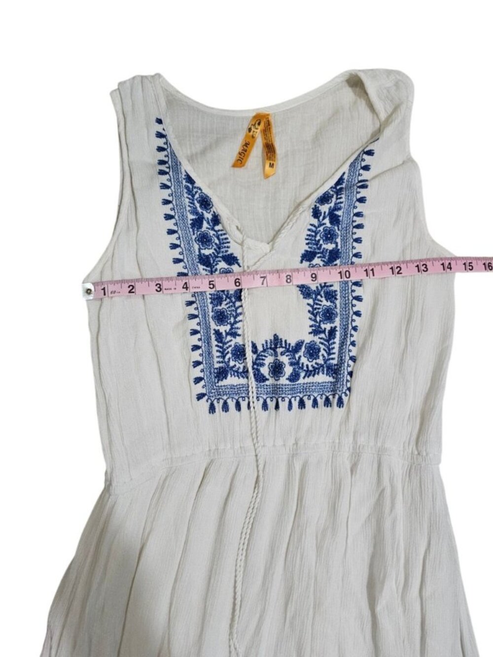 Magic Women M Maxi Dress White Blue Embroidered Cotton Boho Investment Essential - Picture 5 of 6